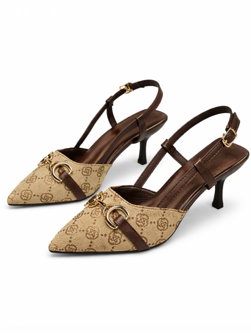 Beige and Brown Pointed Slingback Kitten Heels with Gold Hardware
